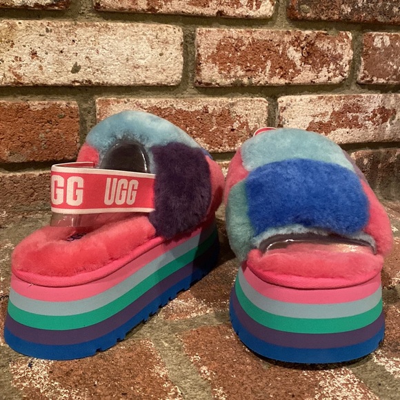 NWOT UGG Pastel Disco Checkered Slide Rainbow Blue Platforms - Picture 4 of 6